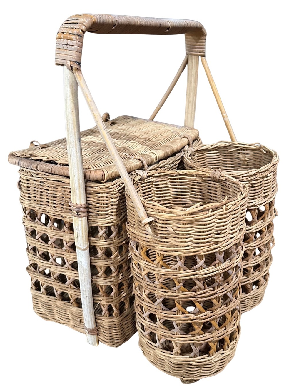 Vintage Rattan Wicker Picnic Basket w/ 2 Wine Bottle Holders Carrier Brown